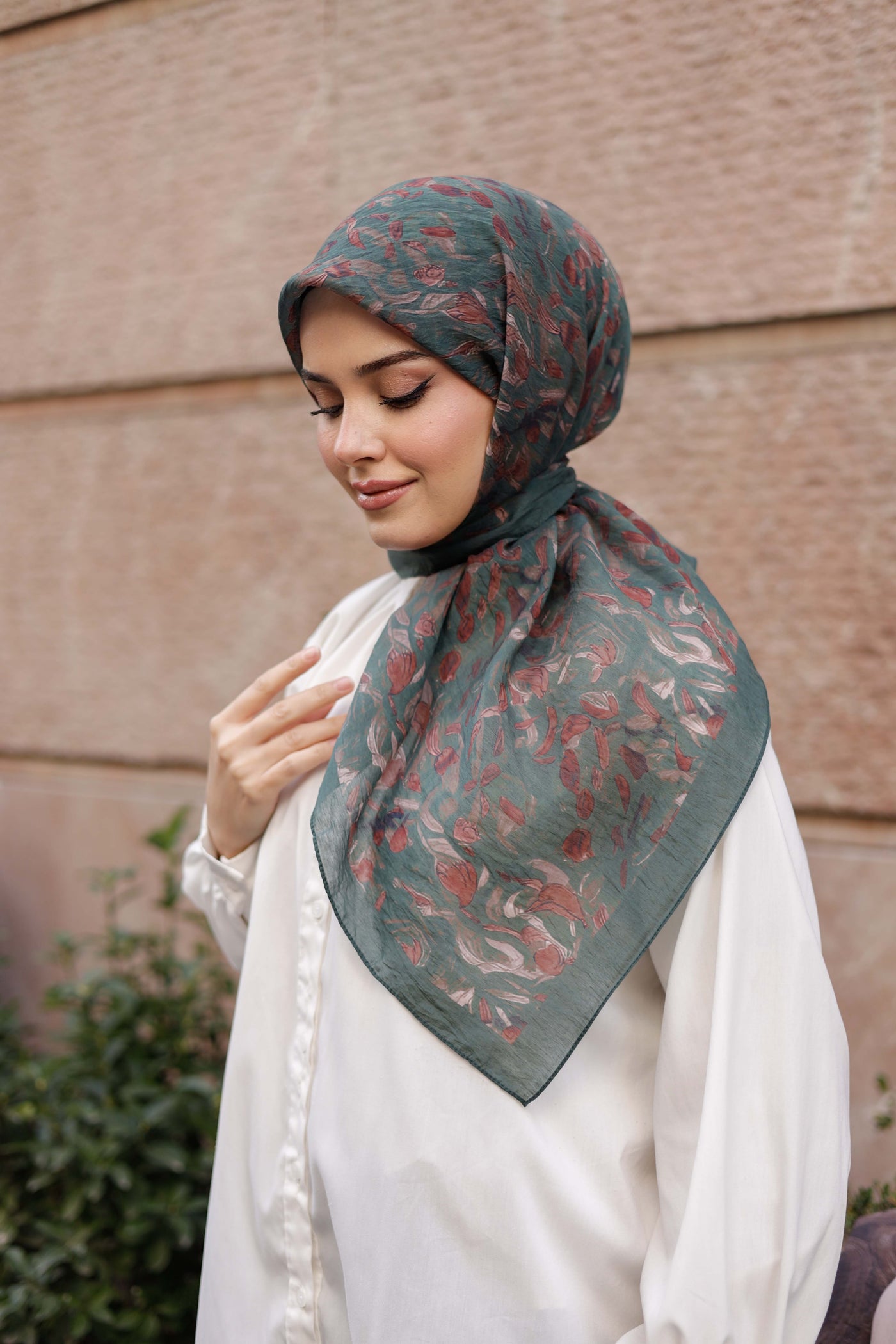 Tensel Eşarp - Yaprak Desen - Petrol Yeşili