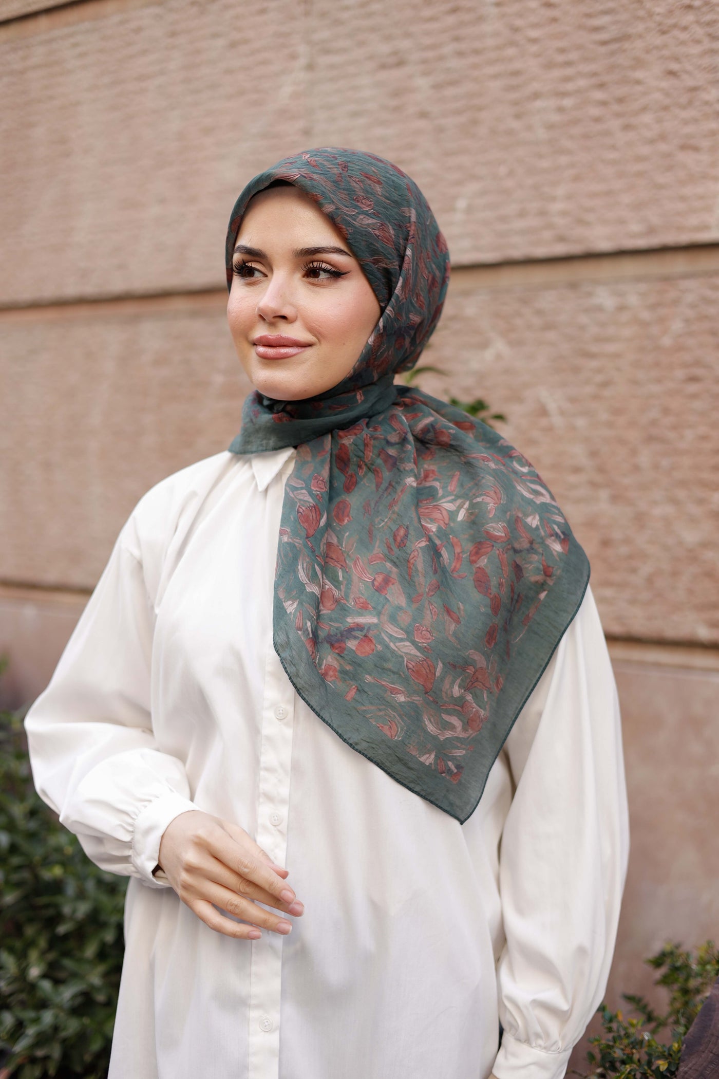 Tensel Eşarp - Yaprak Desen - Petrol Yeşili