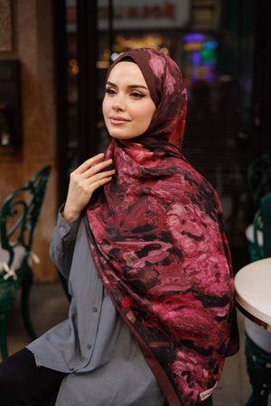 %100 Organik Pamuk Şal - Ebruli Desen - Koyu Mürdüm