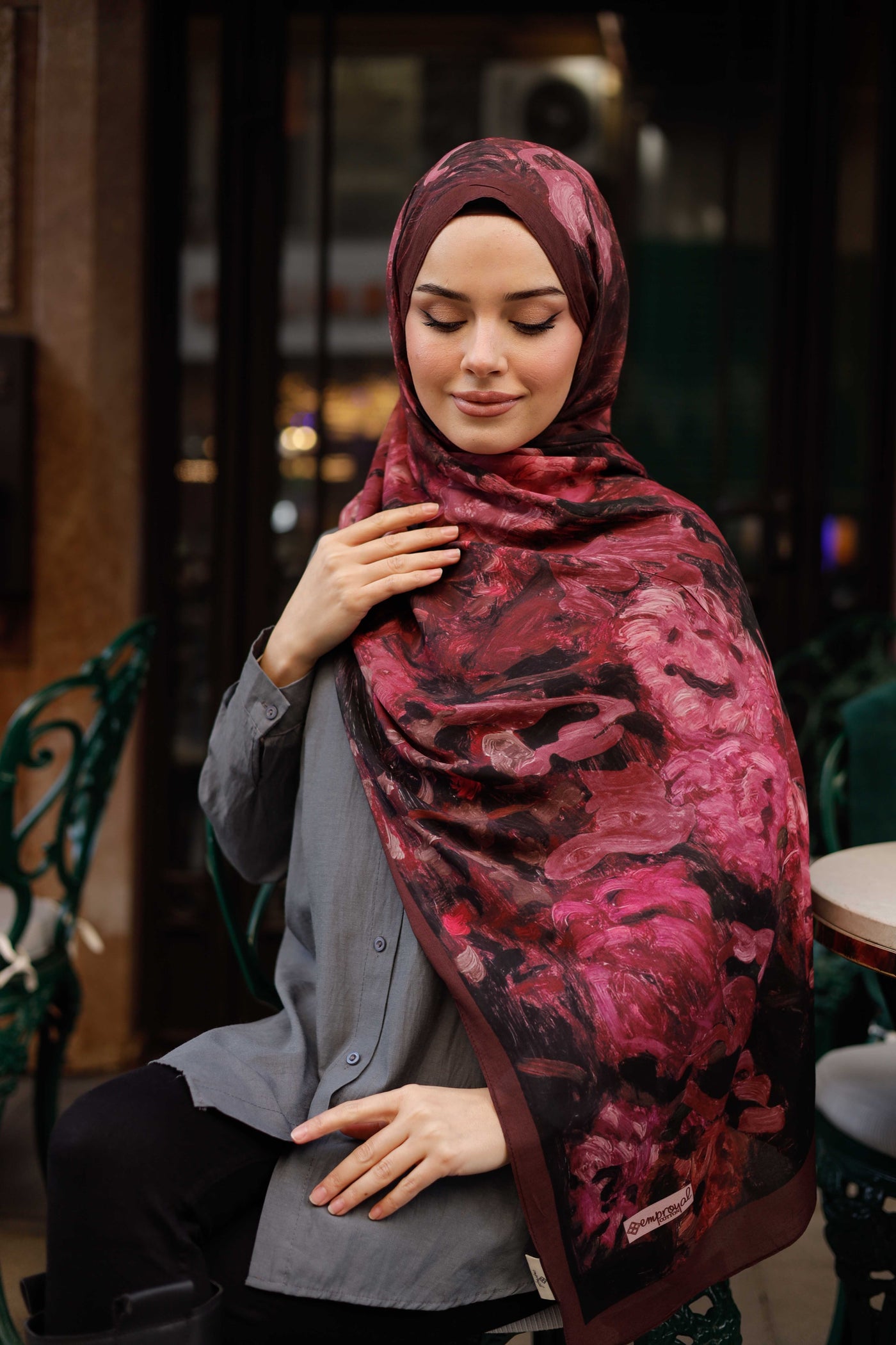 %100 Organik Pamuk Şal - Ebruli Desen - Koyu Mürdüm