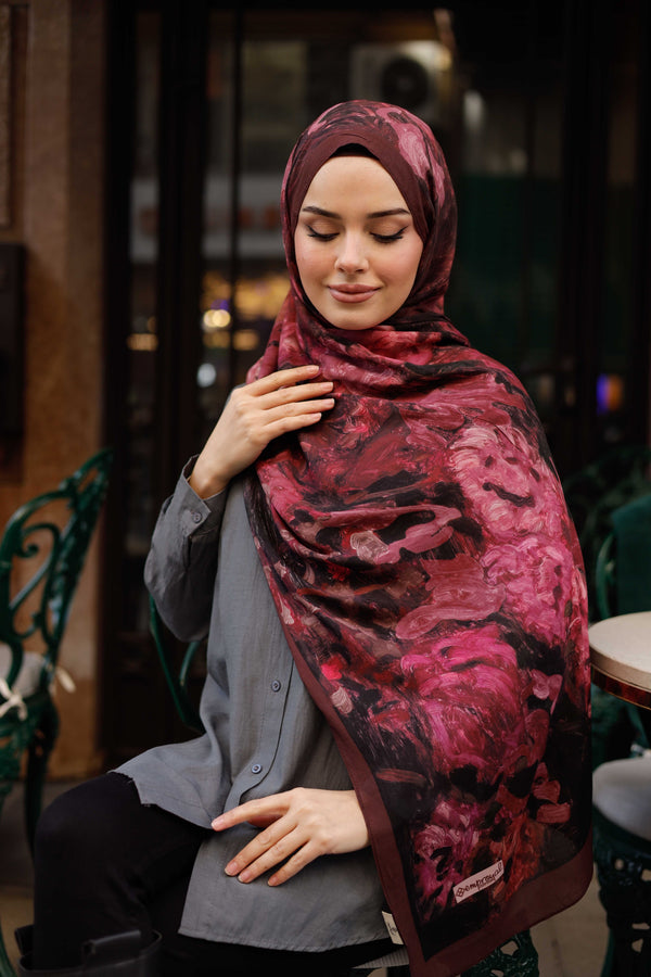 %100 Organik Pamuk Şal - Ebruli Desen - Koyu Mürdüm
