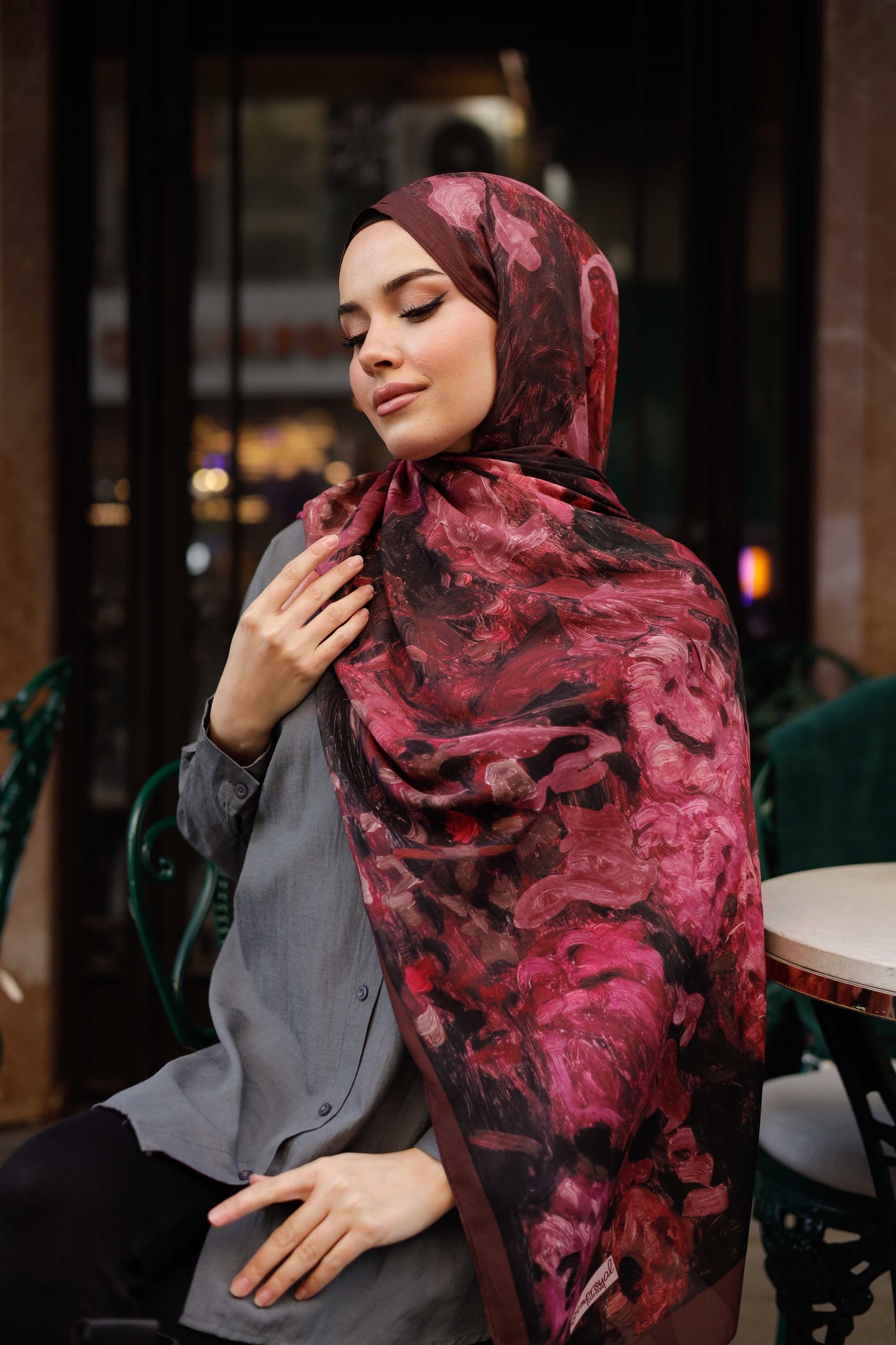 %100 Organik Pamuk Şal - Ebruli Desen - Koyu Mürdüm