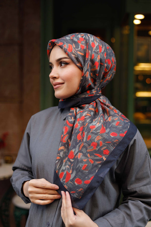 Tensel Eşarp - Yaprak Desen - Siyah Kırmızı