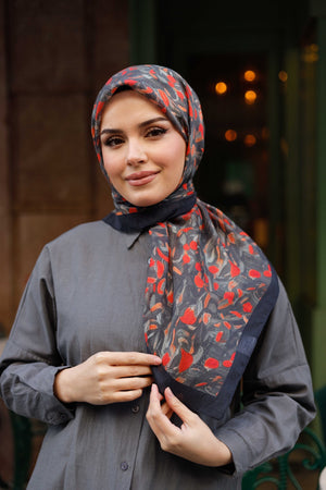 Tensel Eşarp - Yaprak Desen - Siyah Kırmızı