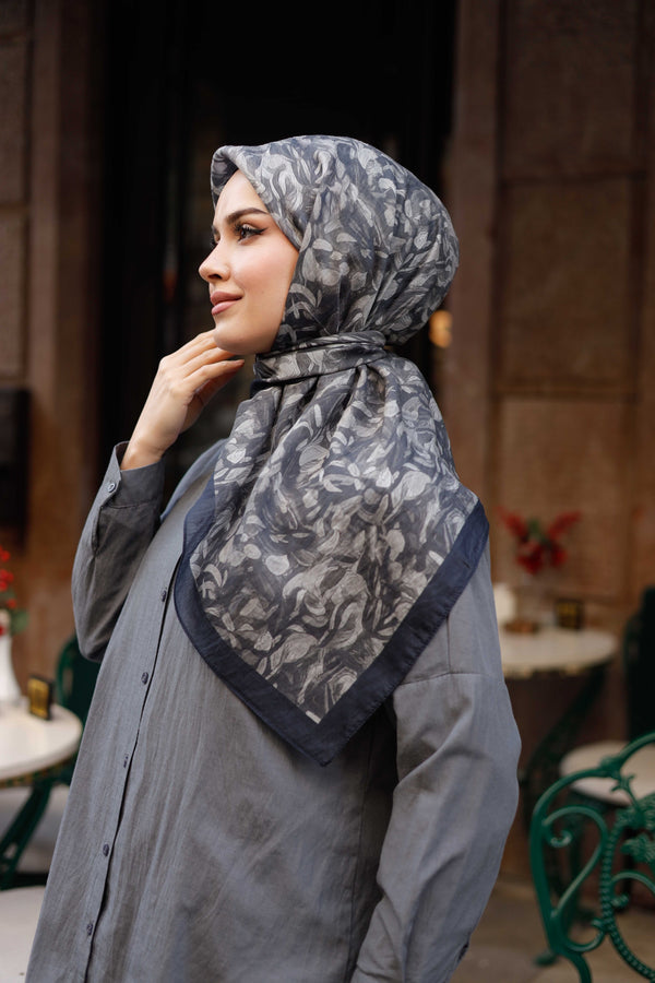 Tensel Eşarp - Yaprak Desen - Siyah