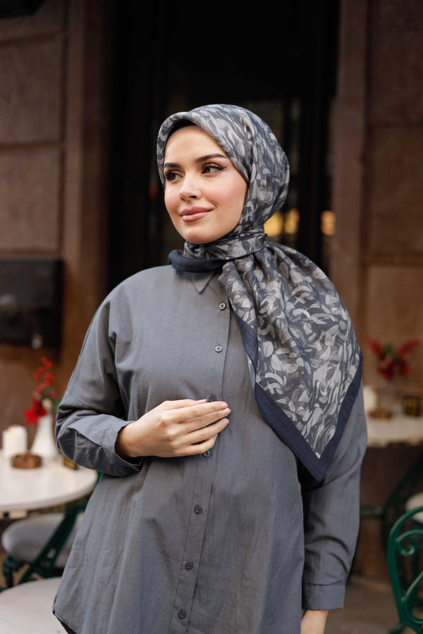 Tensel Eşarp - Yaprak Desen - Siyah