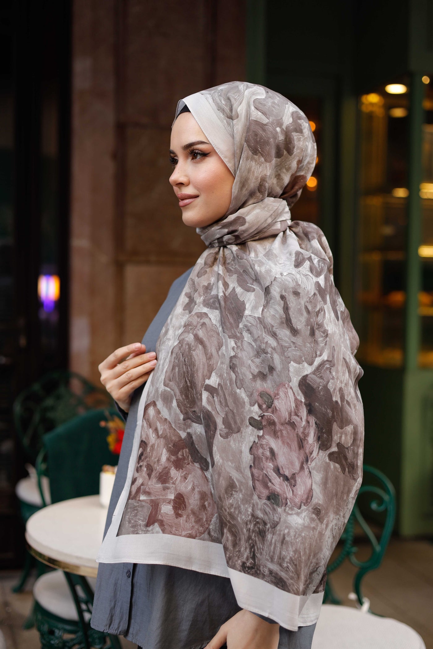 %100 Organik Pamuk Şal - Ebruli Desen - Gri