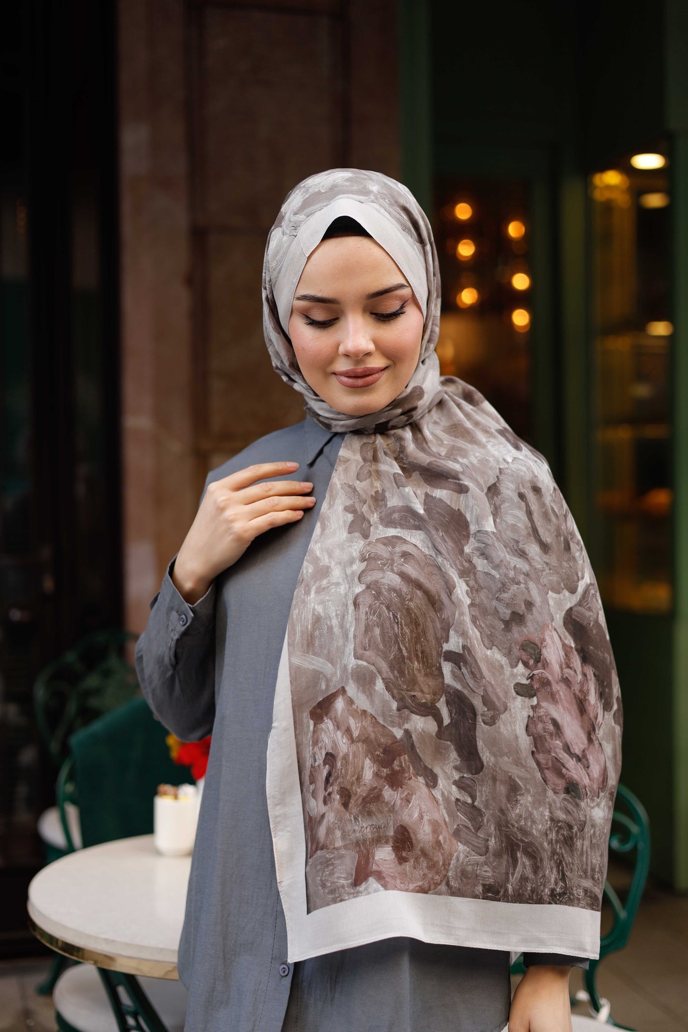 %100 Organik Pamuk Şal - Ebruli Desen - Gri