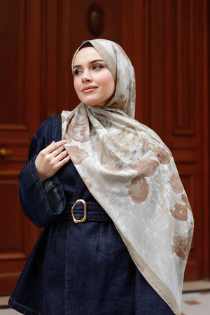 %100 Organik Pamuk Şal - Ebruli Desen - Krem