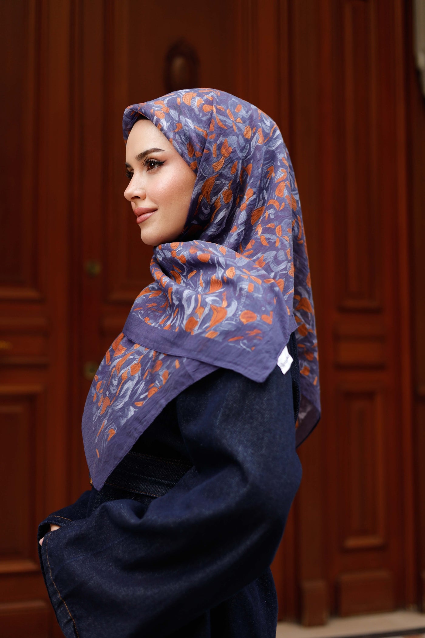 Tensel Eşarp - Yaprak Desen - Lacivert