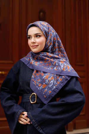 Tensel Eşarp - Yaprak Desen - Lacivert