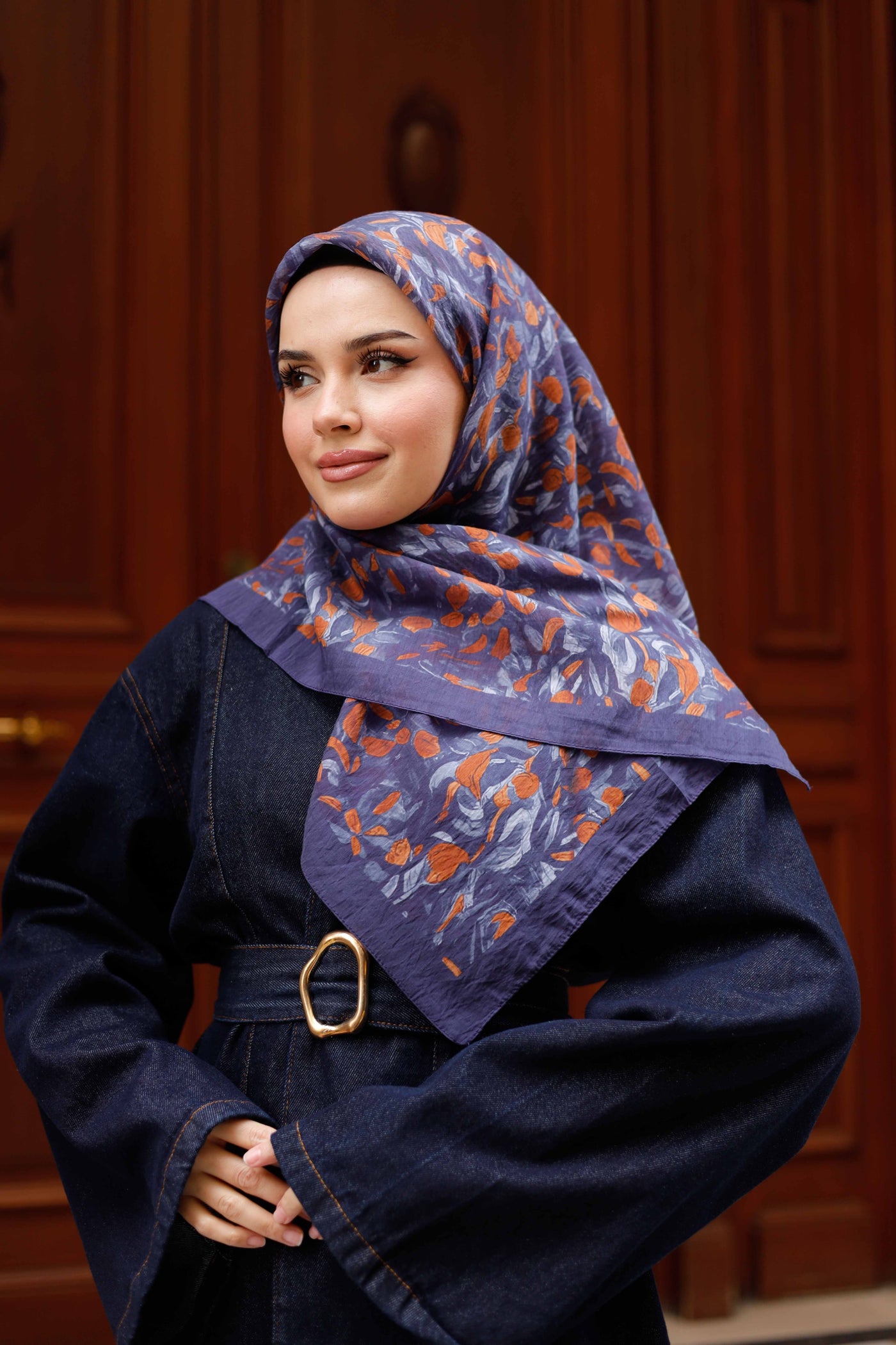 Tensel Eşarp - Yaprak Desen - Lacivert