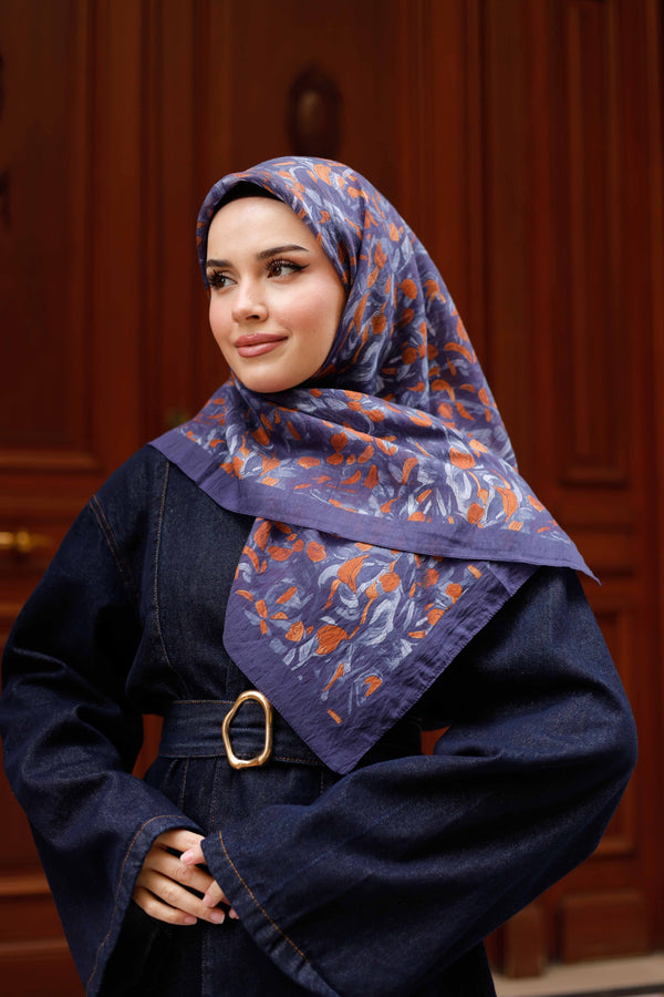 Tensel Eşarp - Yaprak Desen - Lacivert