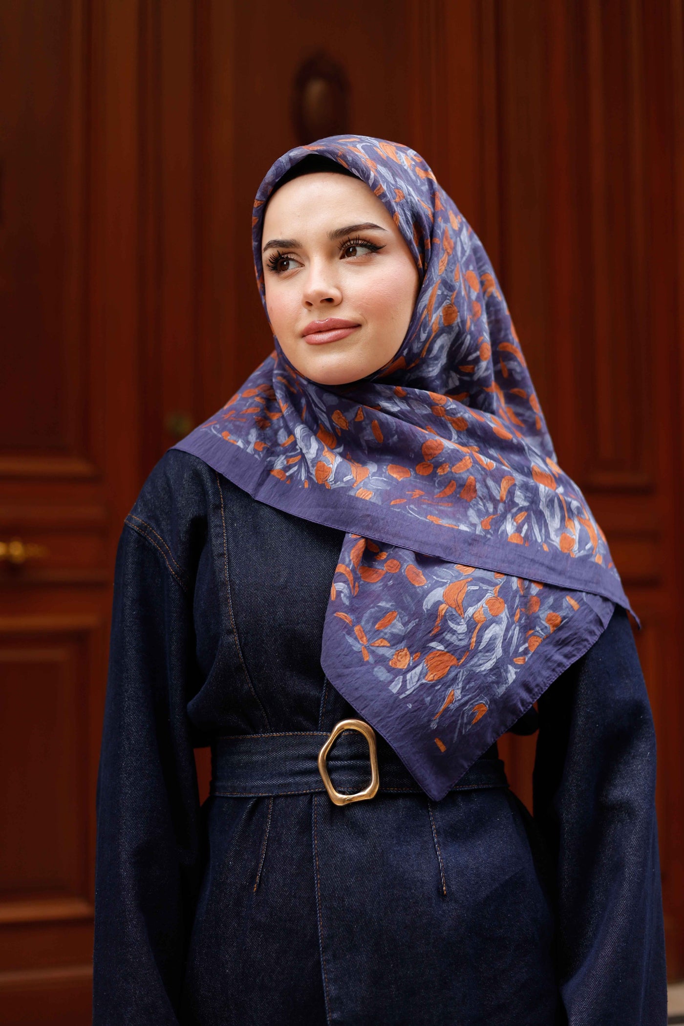 Tensel Eşarp - Yaprak Desen - Lacivert