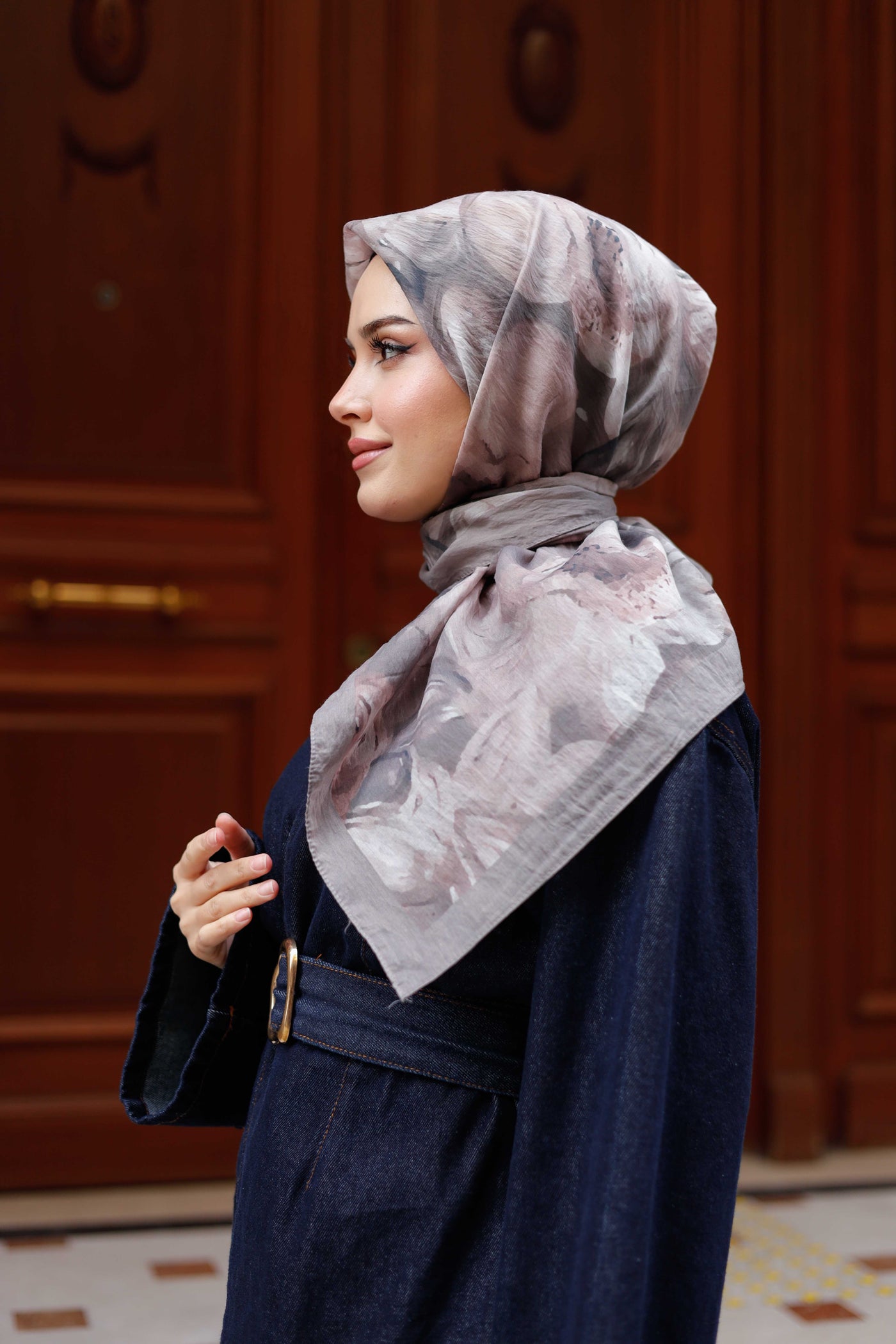 Tensel Eşarp - Rose Desen - Gri