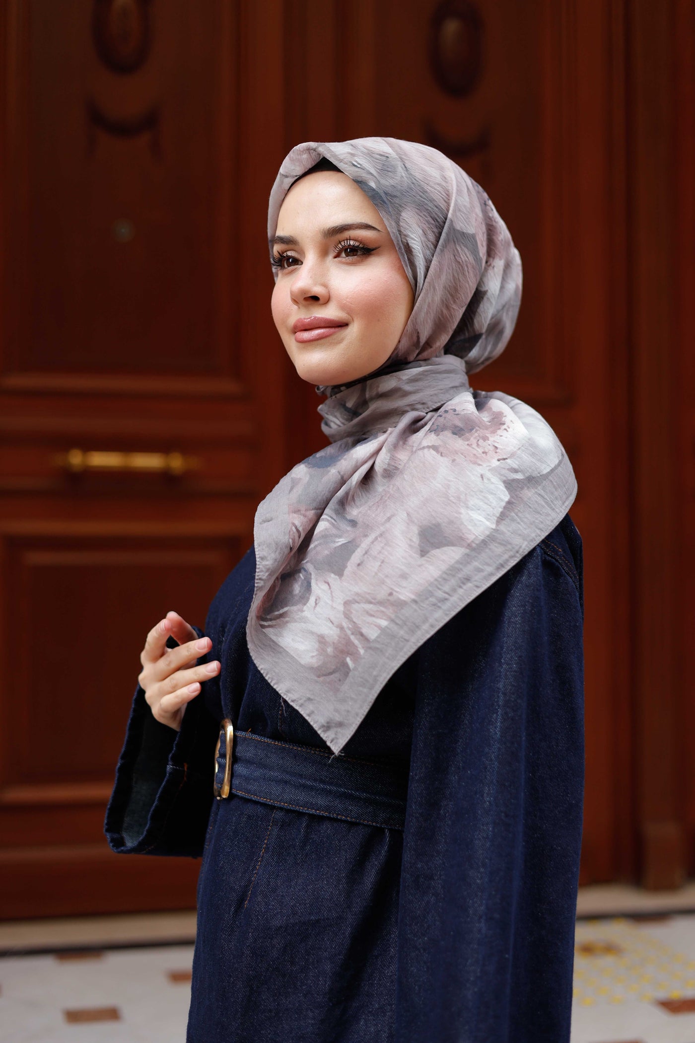 Tensel Eşarp - Rose Desen - Gri