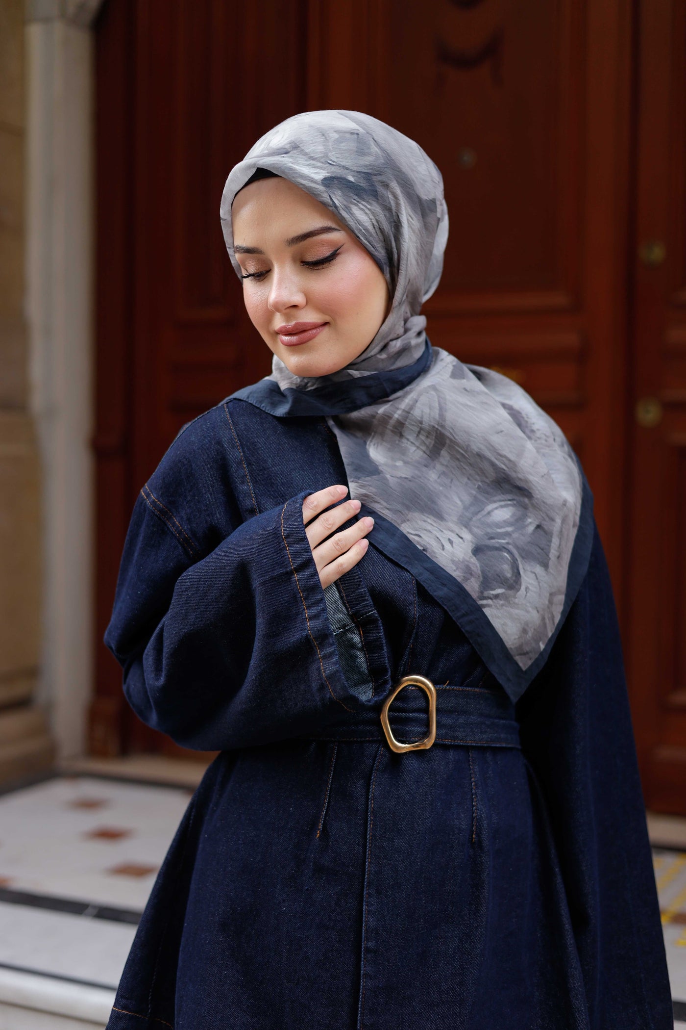 Tensel Eşarp - Rose Desen - Lacivert Gri