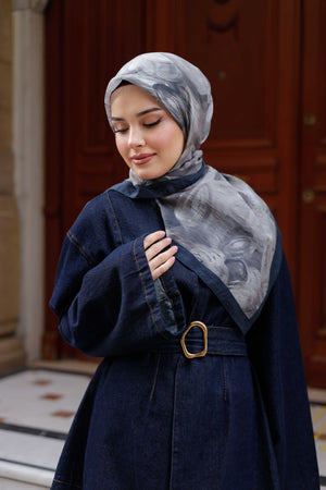 Tensel Eşarp - Rose Desen - Lacivert Gri