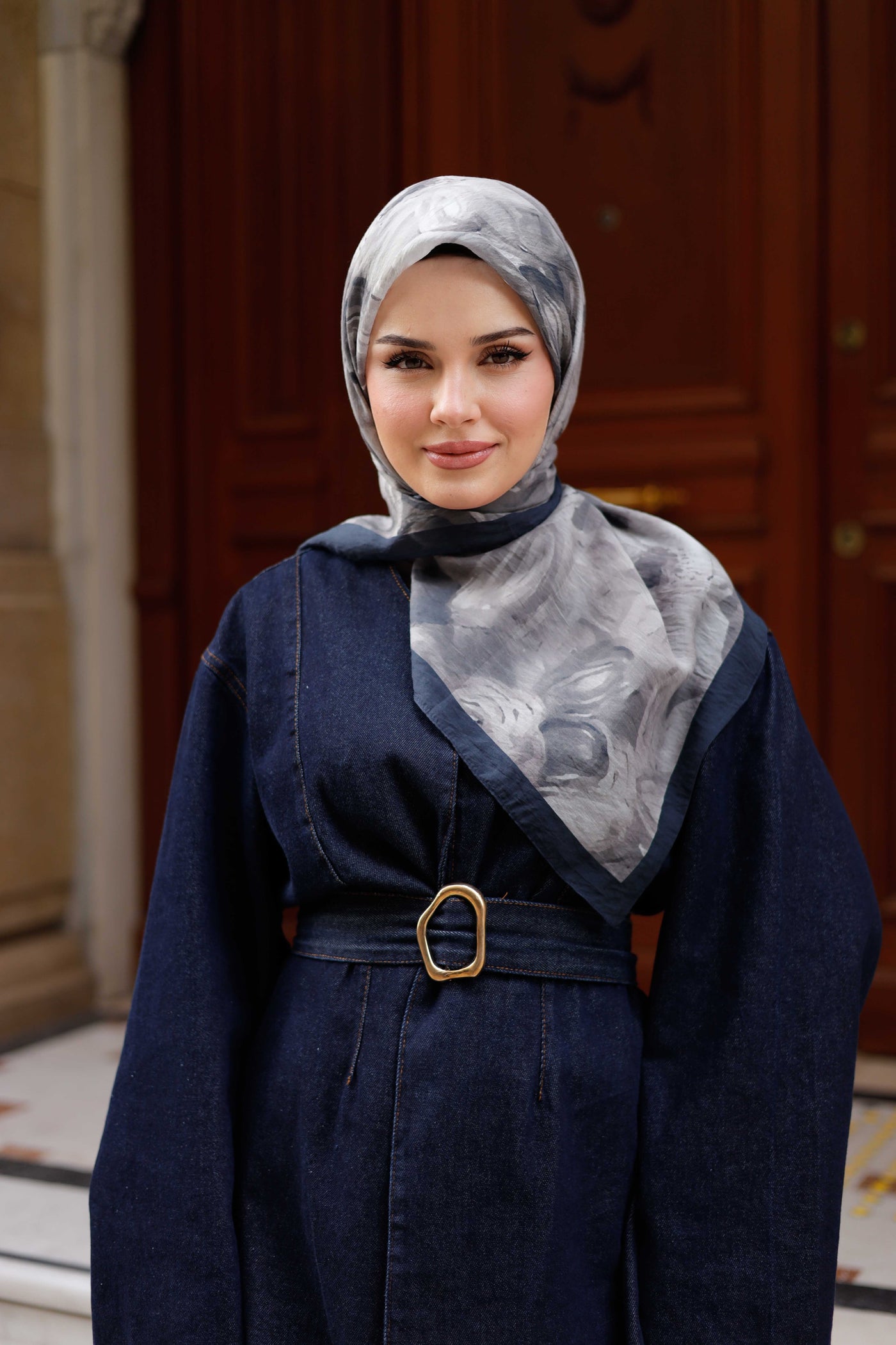 Tensel Eşarp - Rose Desen - Lacivert Gri