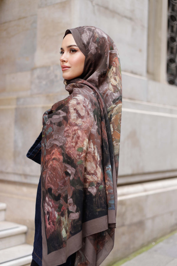 %100 Organik Pamuk Şal - Ebruli Desen - Mürdüm Kahve