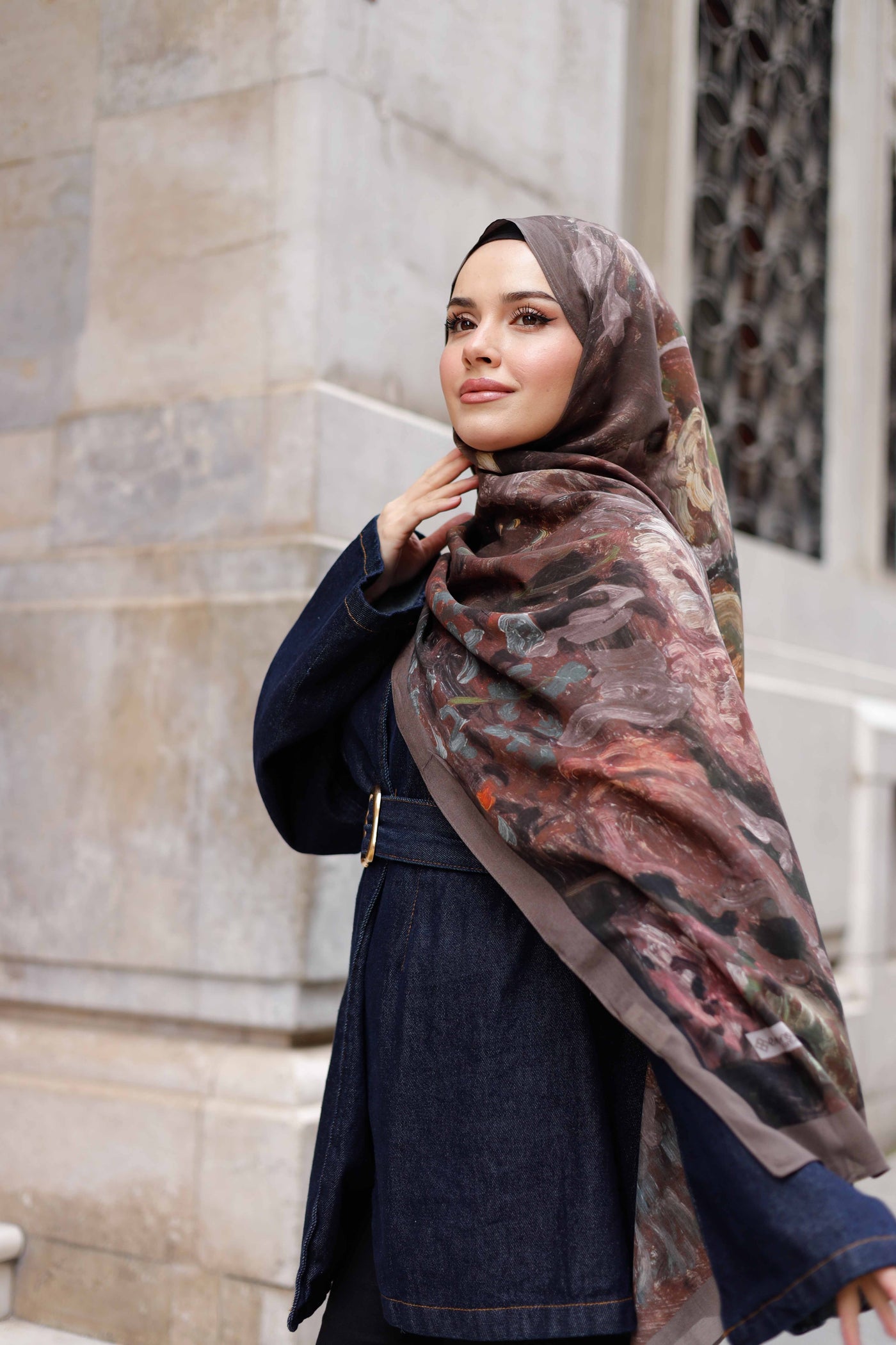 %100 Organik Pamuk Şal - Ebruli Desen - Mürdüm Kahve