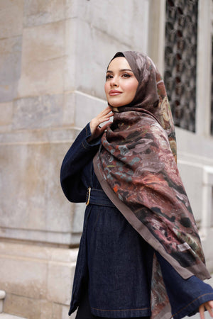%100 Organik Pamuk Şal - Ebruli Desen - Mürdüm Kahve