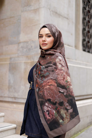 %100 Organik Pamuk Şal - Ebruli Desen - Mürdüm Kahve