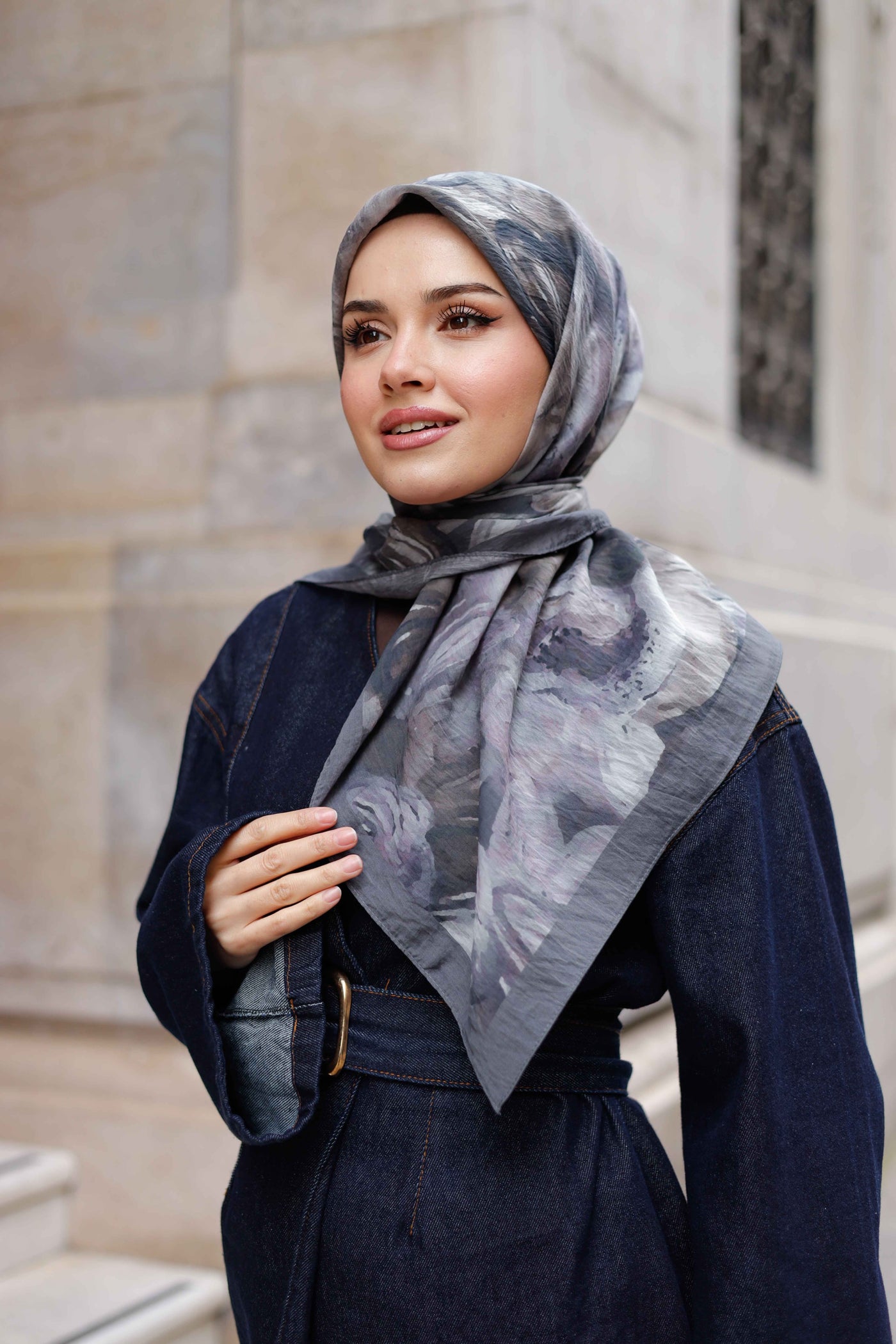 Tensel Eşarp - Rose Desen - Koyu Gri