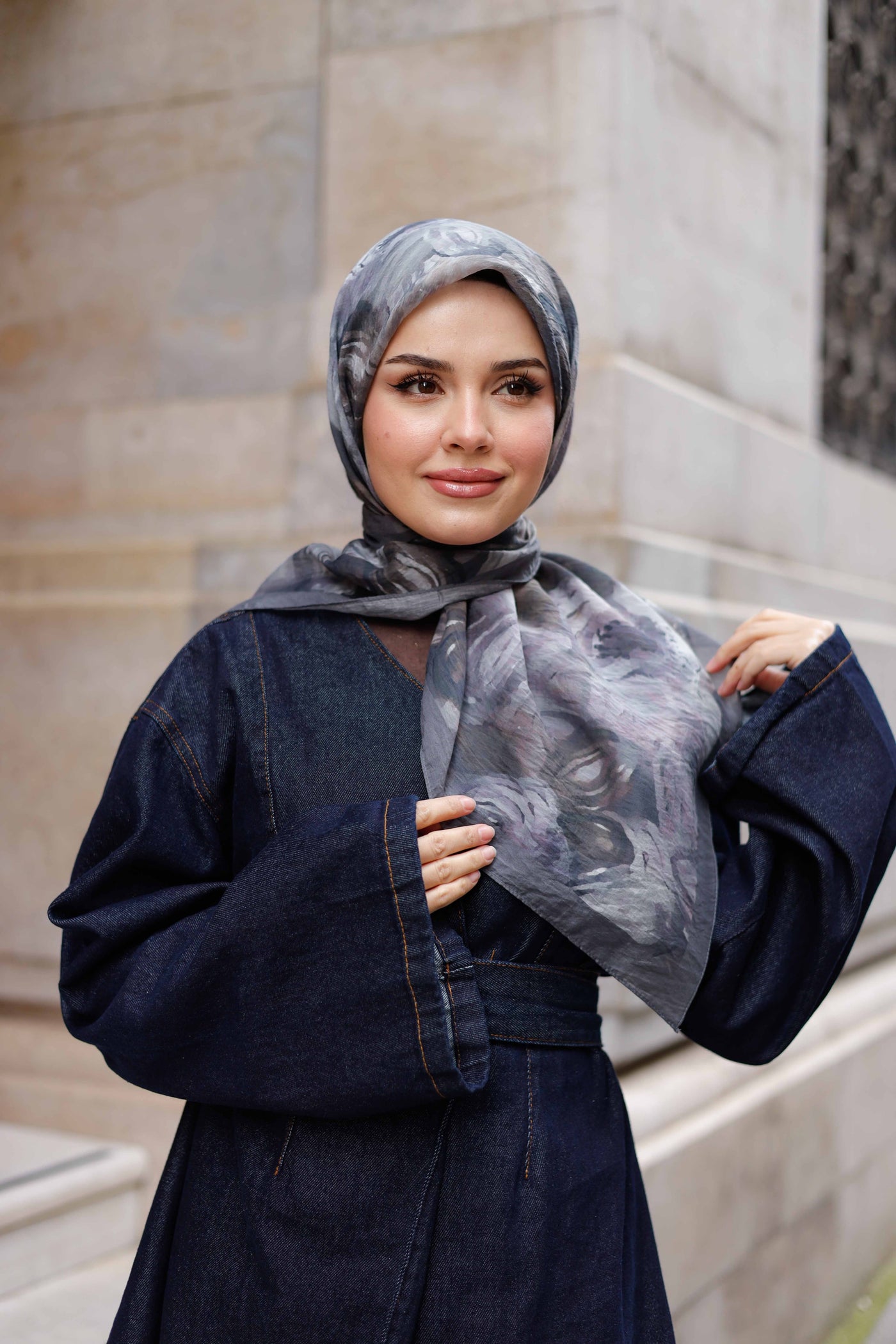 Tensel Eşarp - Rose Desen - Koyu Gri