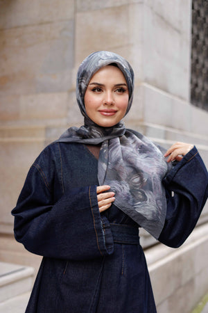 Tensel Eşarp - Rose Desen - Koyu Gri