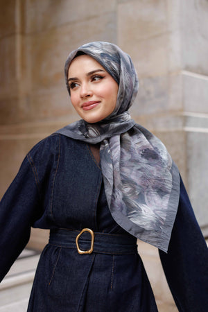 Tensel Eşarp - Rose Desen - Koyu Gri