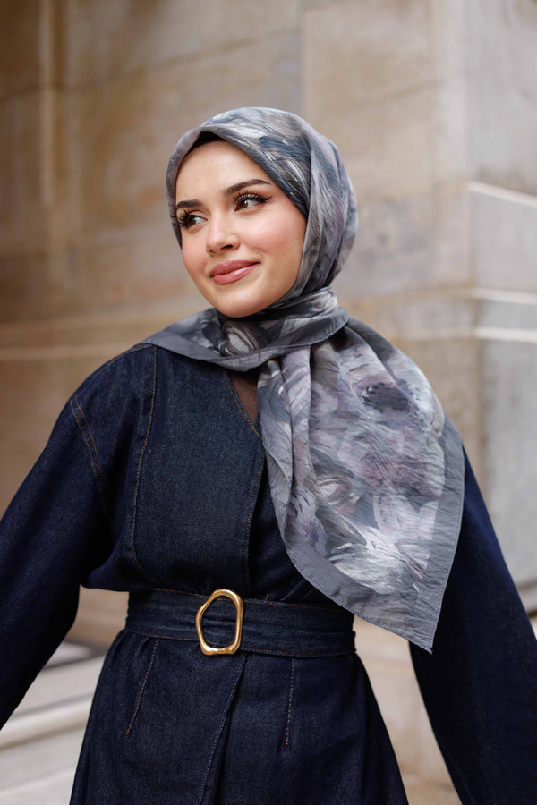 Tensel Eşarp - Rose Desen - Koyu Gri
