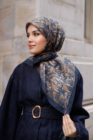 Tensel Eşarp - Yaprak Desen - Siyah Camel