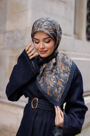 Tensel Eşarp - Yaprak Desen - Siyah Camel