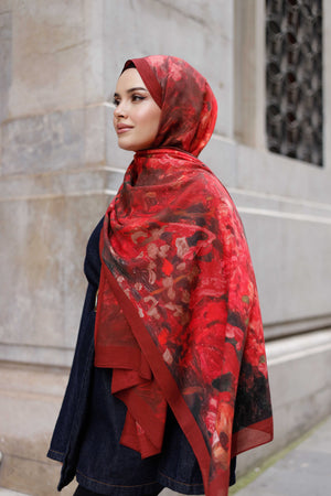 %100 Organik Pamuk Şal - Ebruli Desen - Kırmızı