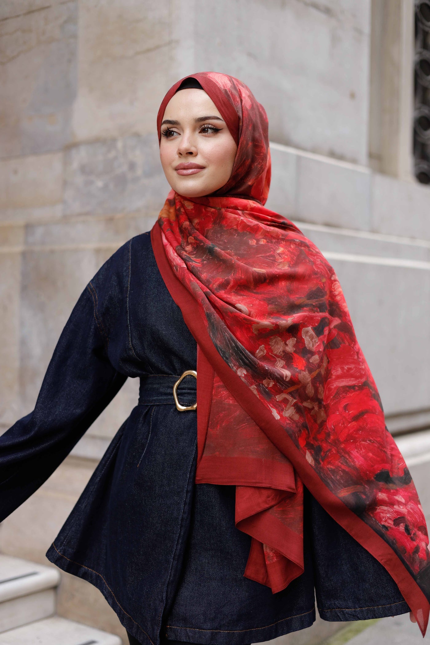 %100 Organik Pamuk Şal - Ebruli Desen - Kırmızı