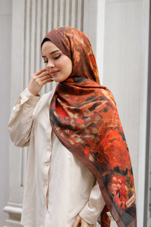 %100 Organik Pamuk Şal - Ebruli Desen - Kahve Turuncu
