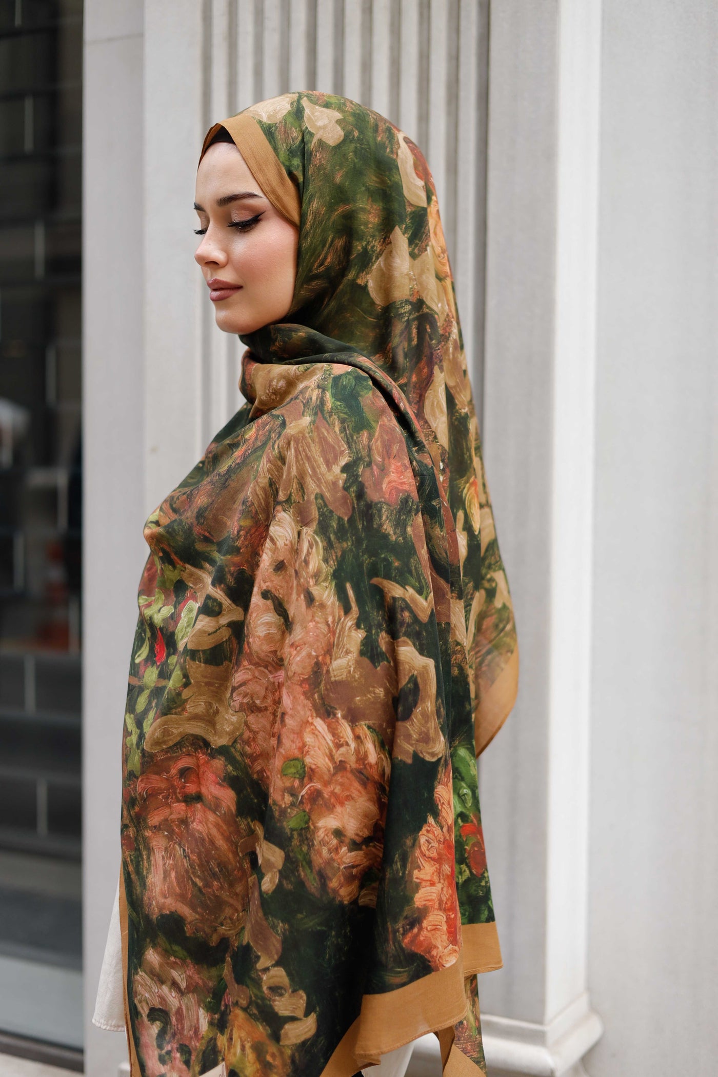 %100 Organik Pamuk Şal - Ebruli Desen - Camel Yeşil