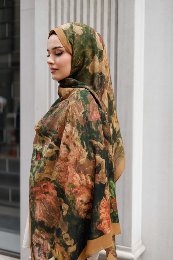 %100 Organik Pamuk Şal - Ebruli Desen - Camel Yeşil
