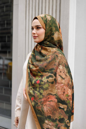 %100 Organik Pamuk Şal - Ebruli Desen - Camel Yeşil
