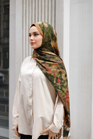 %100 Organik Pamuk Şal - Ebruli Desen - Camel Yeşil