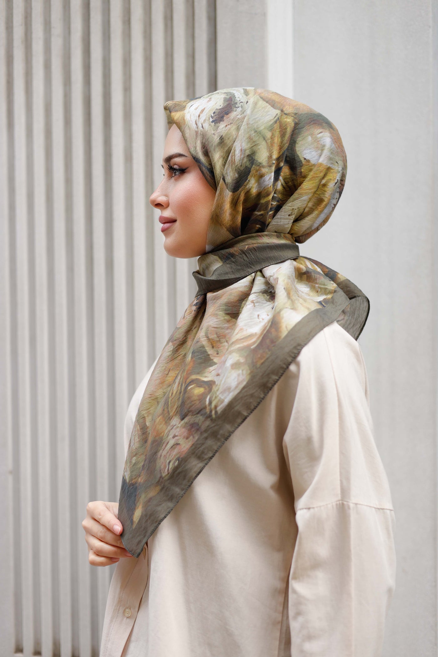 Tensel Eşarp - Rose Desen - Açık Haki