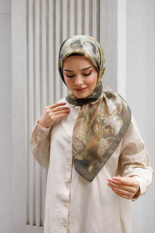 Tensel Eşarp - Rose Desen - Açık Haki