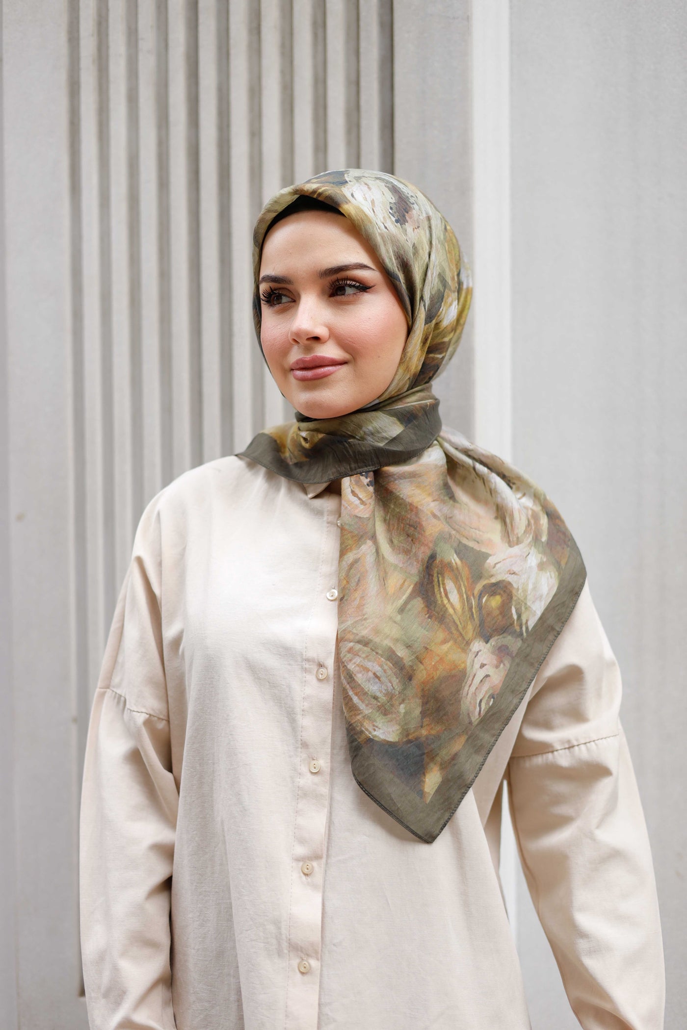 Tensel Eşarp - Rose Desen - Açık Haki