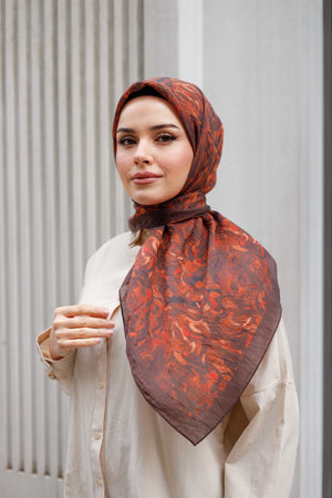 Tensel Eşarp - Yaprak Desen - Kahve Kiremit