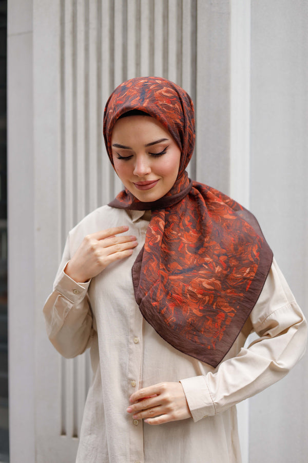 Tensel Eşarp - Yaprak Desen - Kahve Kiremit