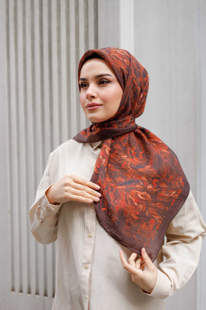 Tensel Eşarp - Yaprak Desen - Kahve Kiremit