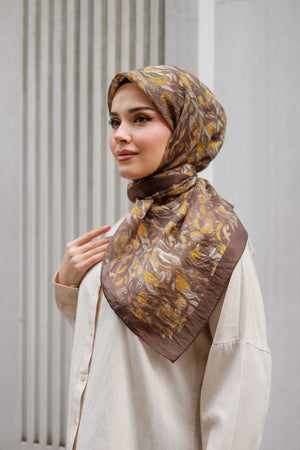 Tensel Eşarp - Yaprak Desen - Kahve Hardal