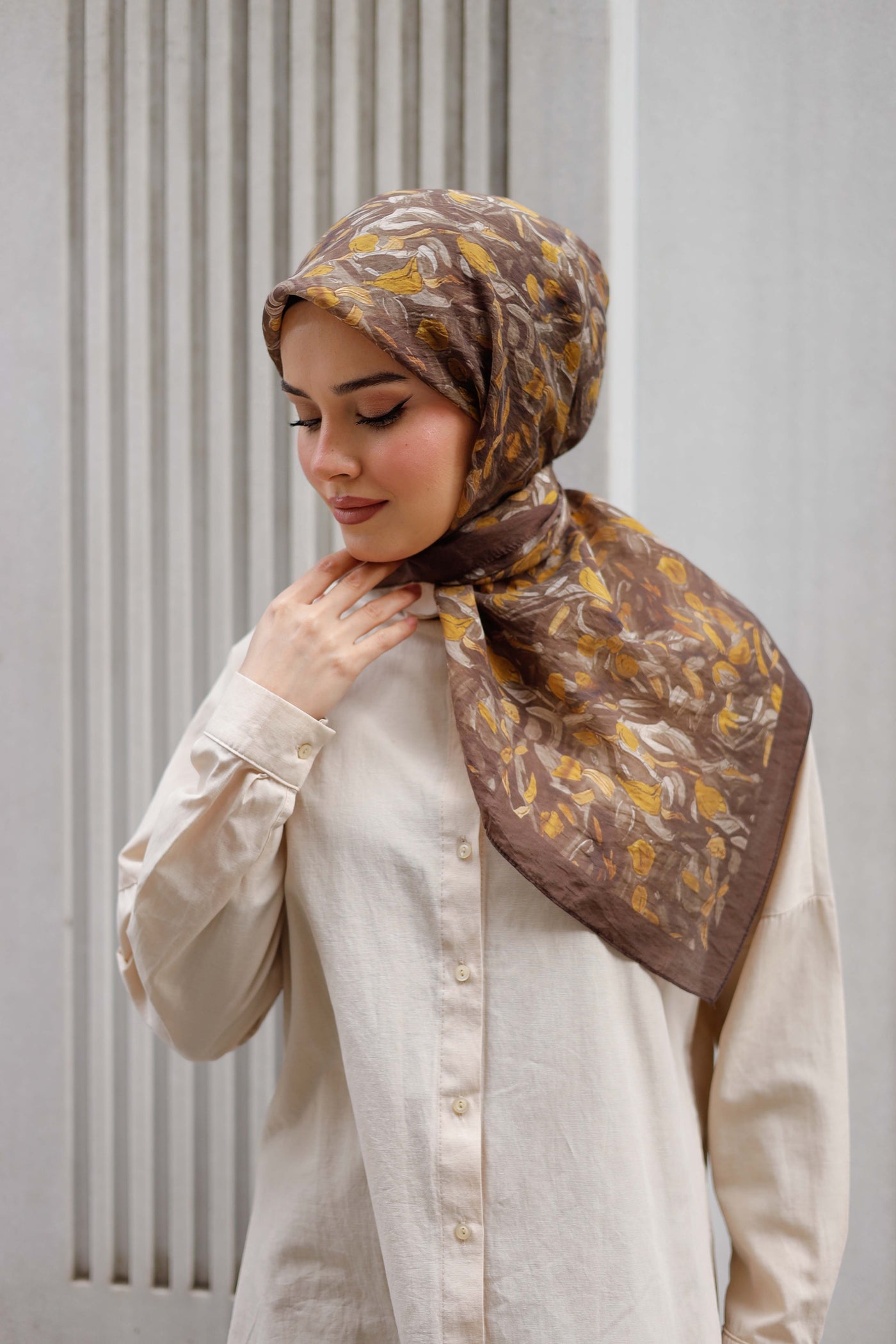 Tensel Eşarp - Yaprak Desen - Kahve Hardal