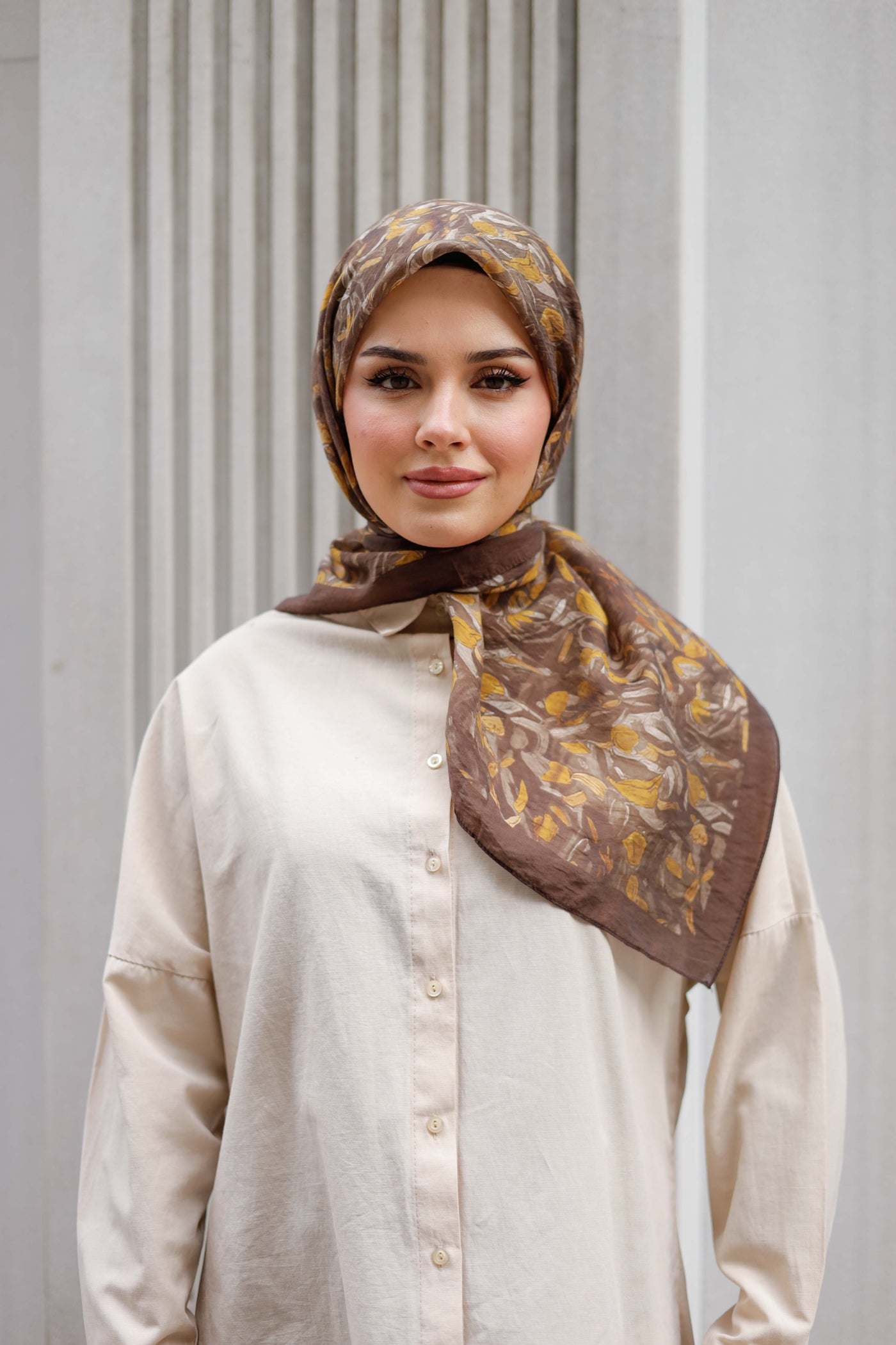 Tensel Eşarp - Yaprak Desen - Kahve Hardal